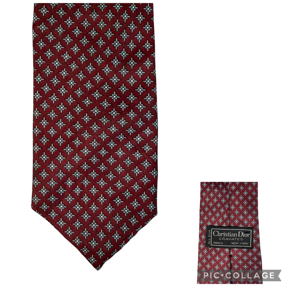 Christian Dior Cravates Mens Silk Tie Burgundy Geometric Star Vintage Designer